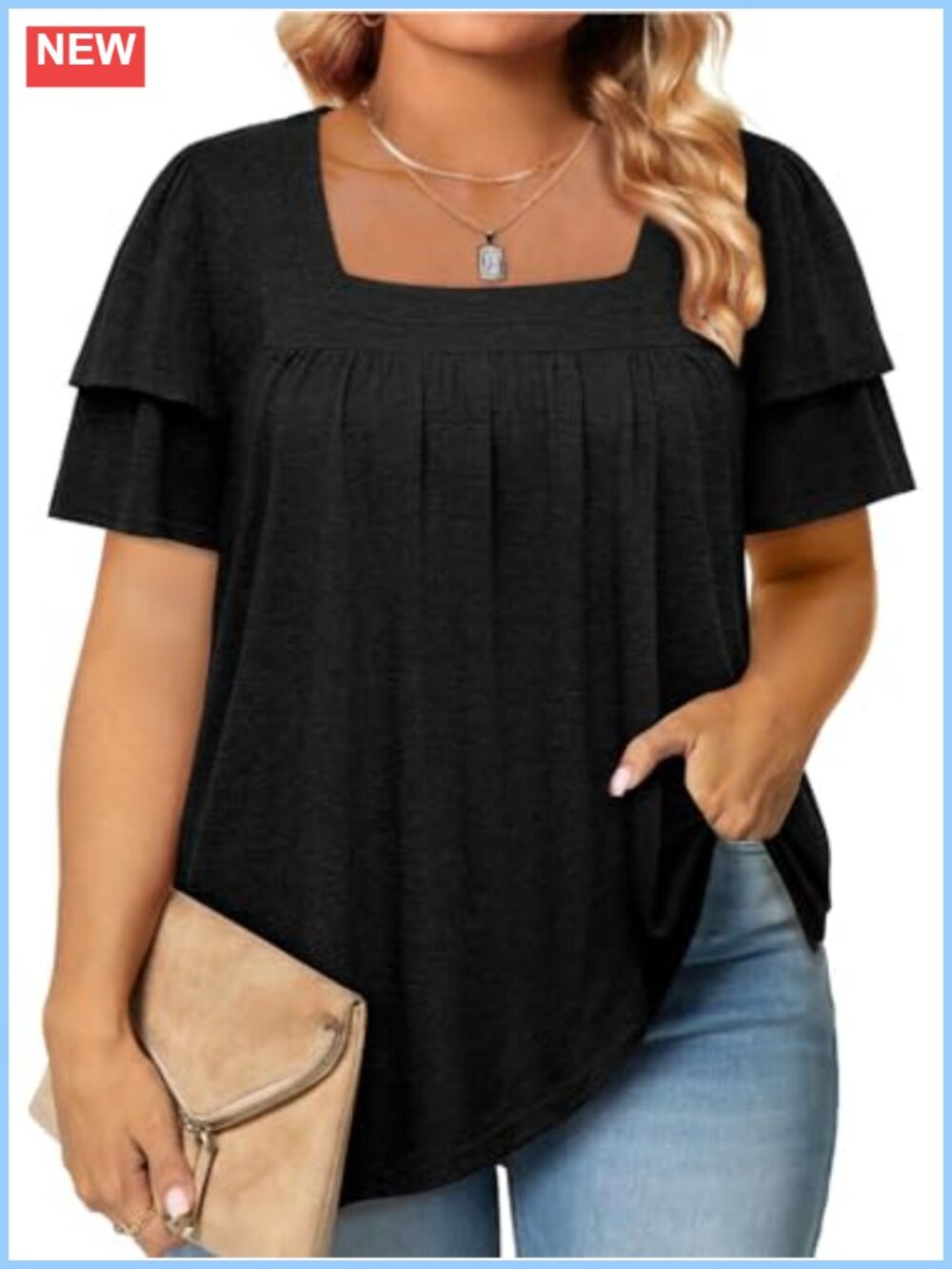 Plus Size Tunic Top Loose Fit Ruffle Sleeve Square Neck Blouse